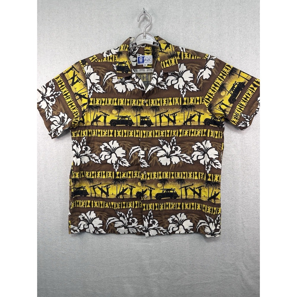 Vintage RJC Hawaiian Camp Shirt ‎ Surfboards Floral Tiki Classic Cars